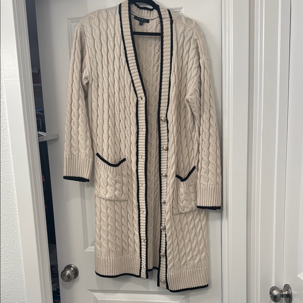 Elegant Cream Cable Knit Cardigan with Black Trim